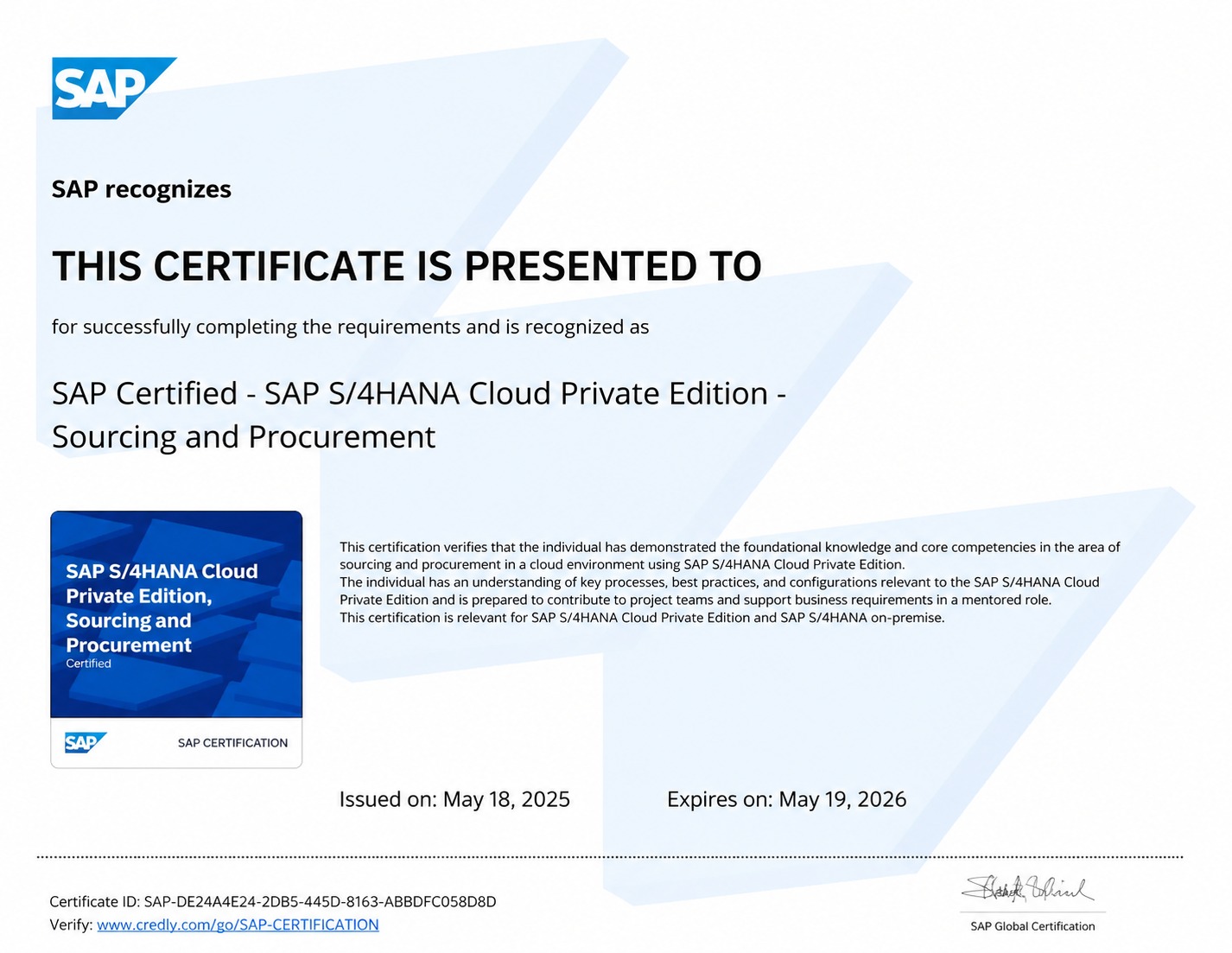 SAP Certified — SAP S/4HANA Cloud Private Edition certificate